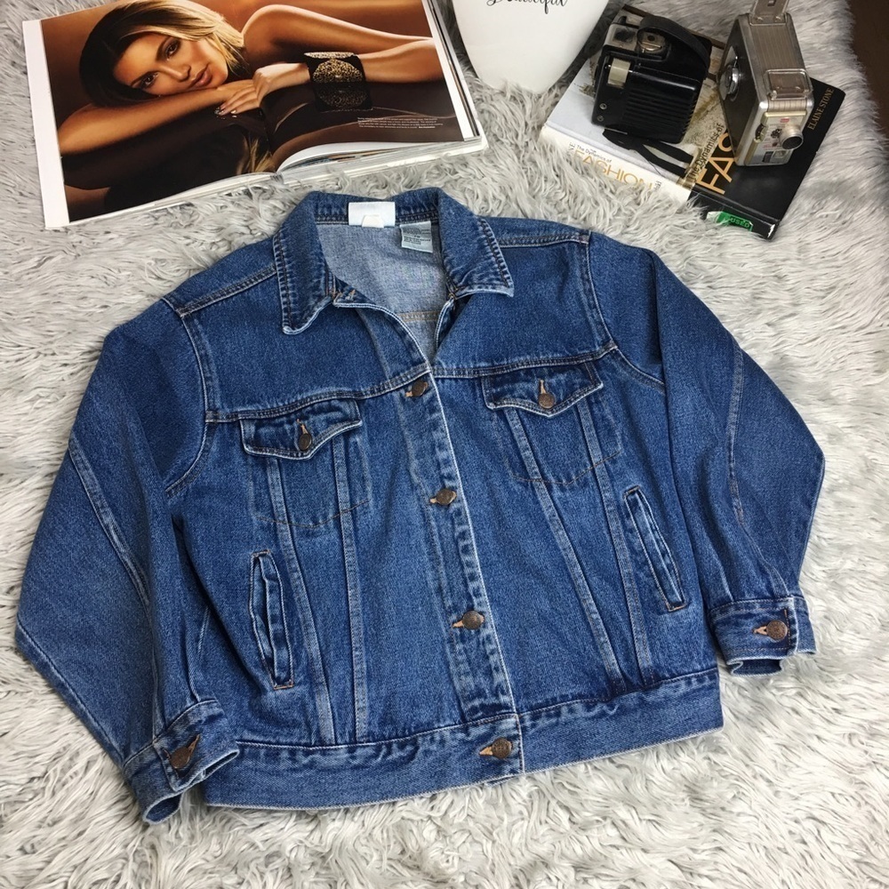 Vintage 90s Bill Blass Denim Trucker Jacket 100% Cotton Americana Blue Jean Coat - Picture 1 of 8